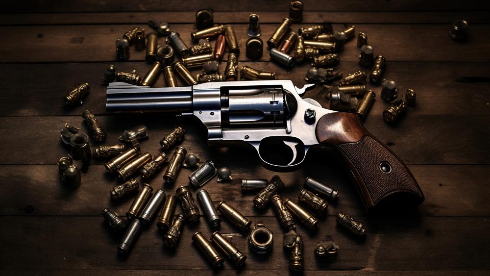 Revolver and Casings on Wooden Background wallpaper