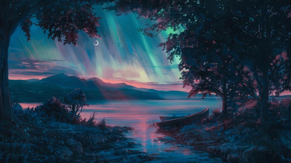 Dusk Serenity Anime Wallpaper with Aurora over Lake wallpaper