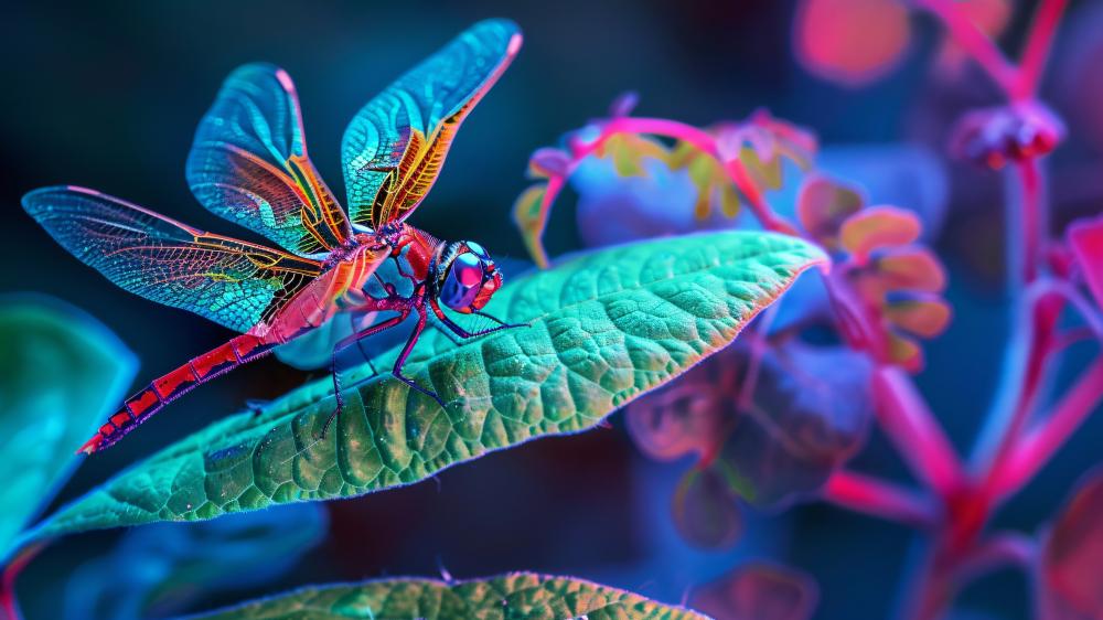 Bright Dragonfly in Neon Fantasy Garden wallpaper