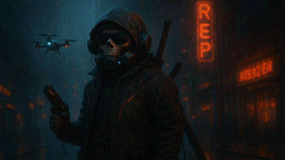 Futuristic Skull Adventurer in Cyberpunk World wallpaper