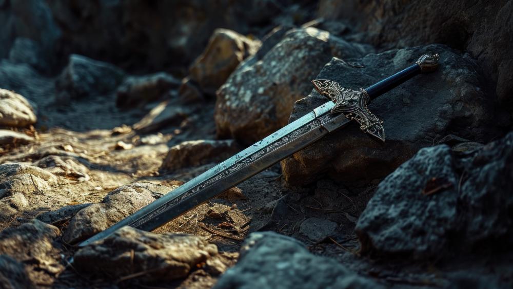 Exquisite Blade Resting on Ancient Stones wallpaper