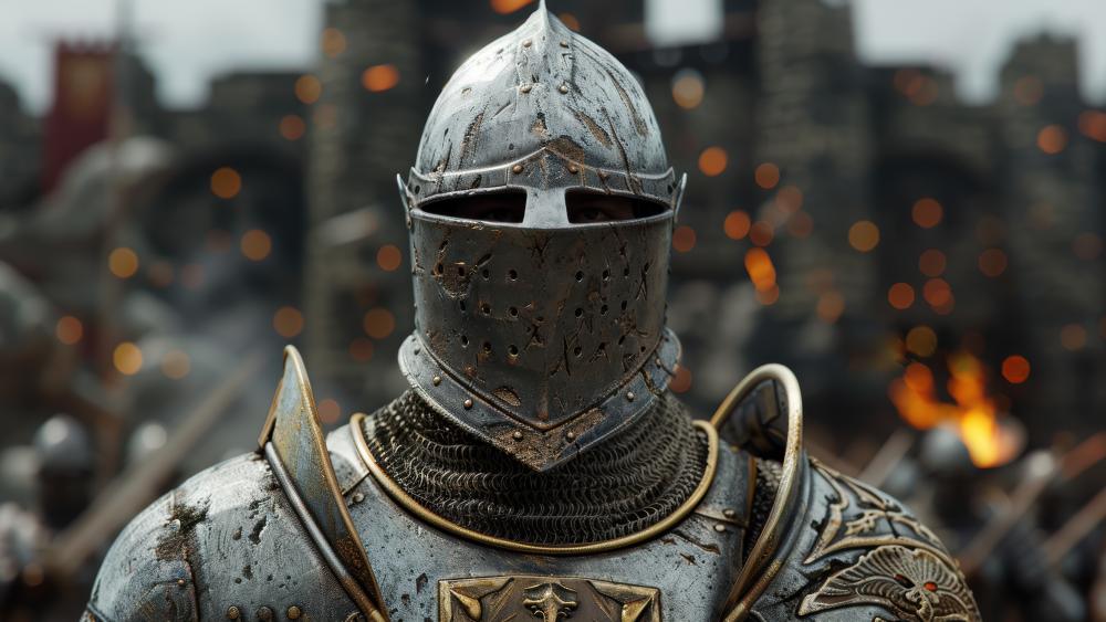 Knight in Shining Armour Amidst Battlefield Glow wallpaper