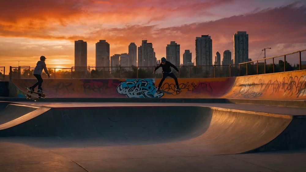 Urban Longboarding at Sunset in AI-Enhanced Skatepark wallpaper