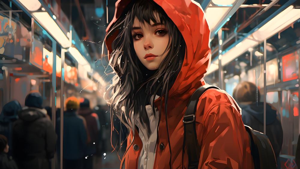 Red Hoodie Reflection in a Crowded World wallpaper