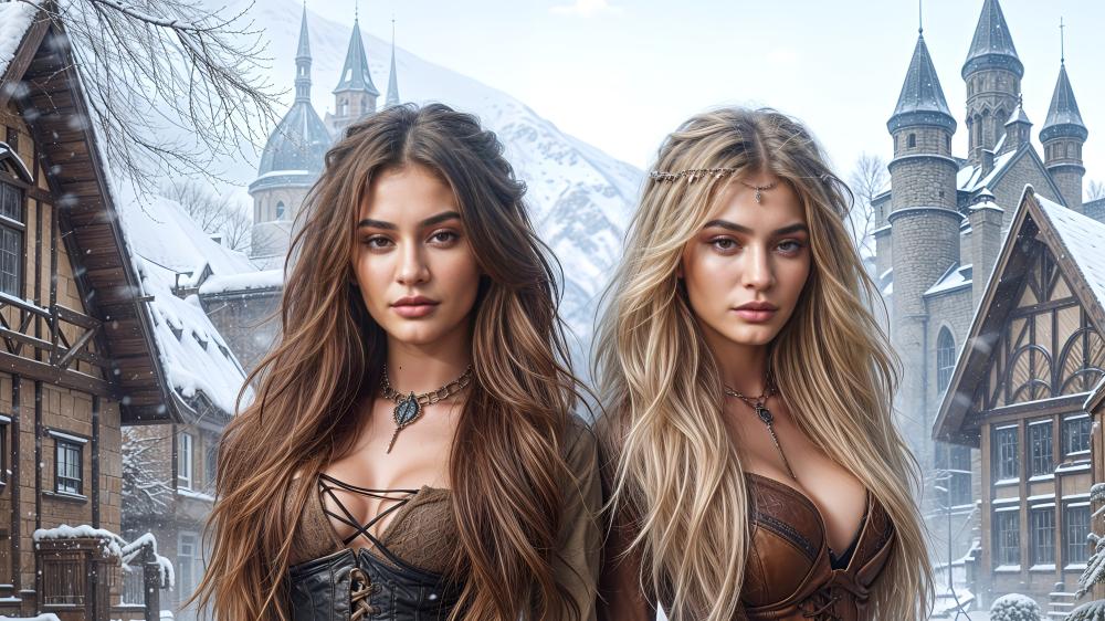 Mystical Winter Guardians in Enchanted Village wallpaper