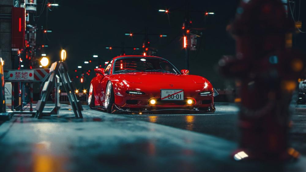 Red Mazda RX-7 at Night City Street Scene wallpaper