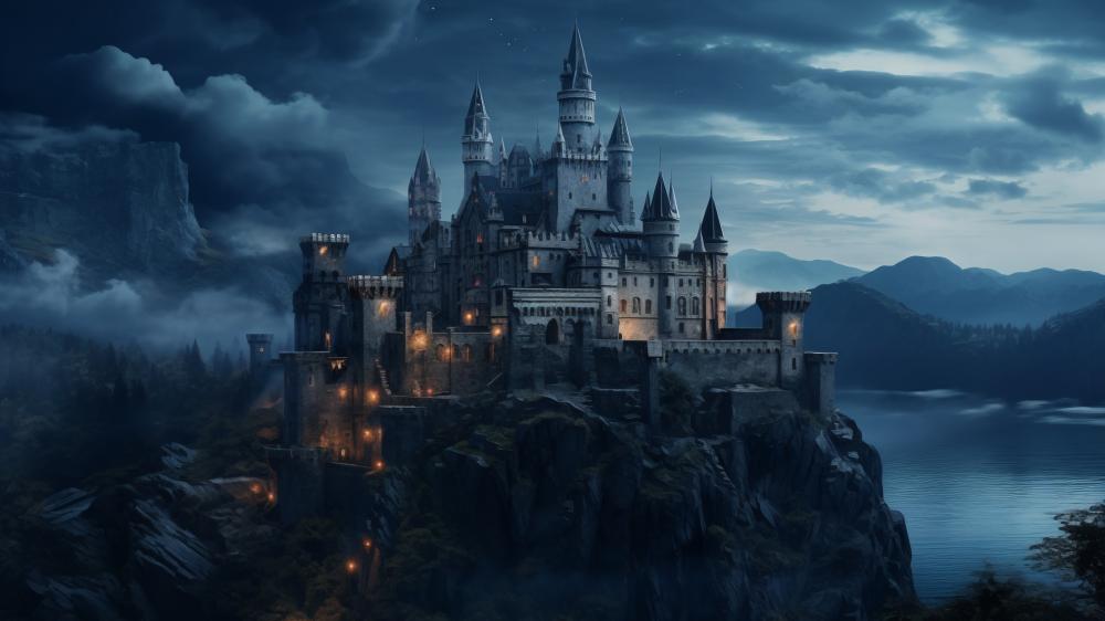Castle at Dusk in a Fantasy World wallpaper