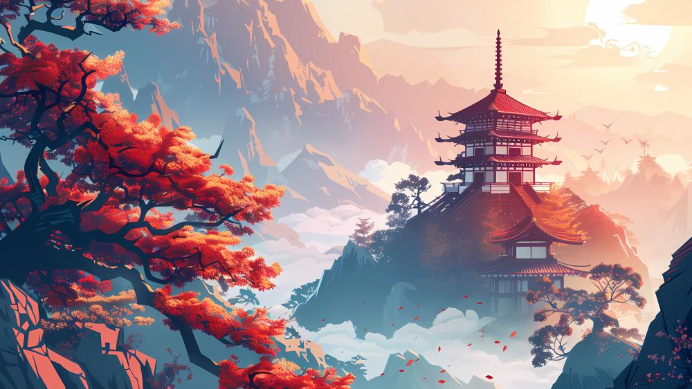 Dreamlike Oriental Pagoda in Morning Light wallpaper