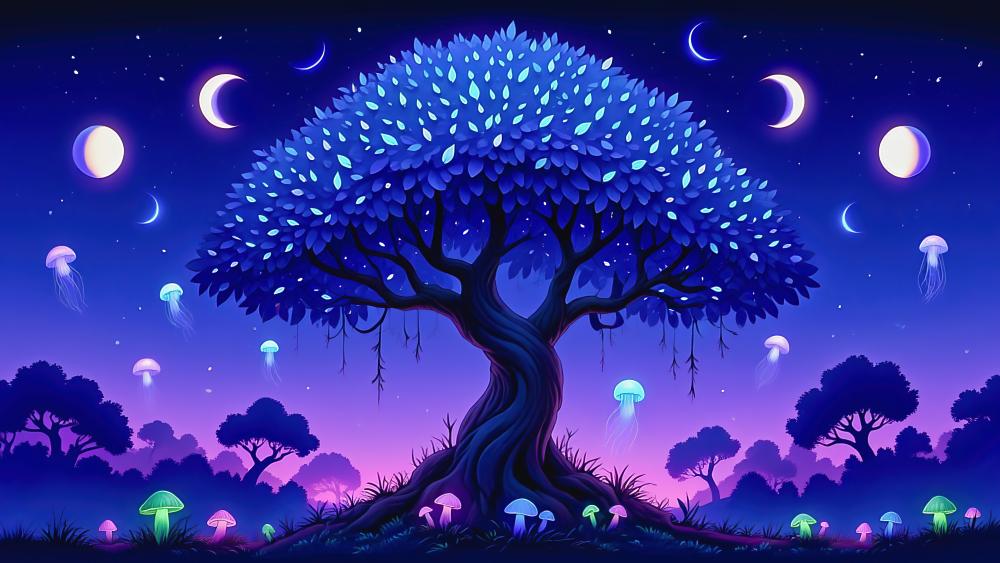 Enchanted Nocturnal Forest with Glowing Mushrooms wallpaper