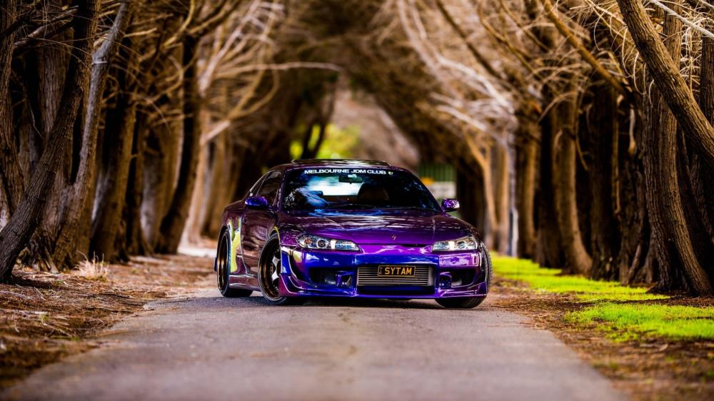 Nissan Silvia S15 in Enchanting Woodland Pathway wallpaper