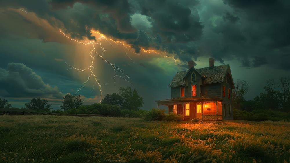 Solitary House Amid a Thunderstorm's Embrace wallpaper