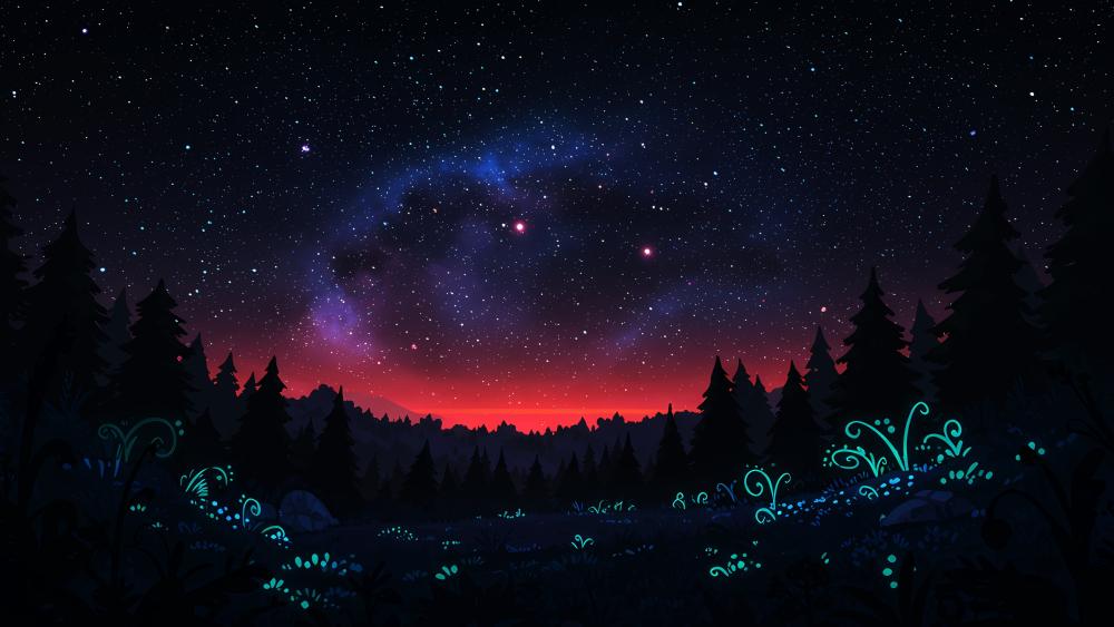 Midnight Wonderland in a Starry Fantasy Landscape wallpaper