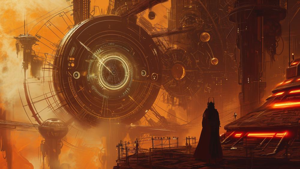 Futuristic Sci-Fi Cityscape with Mysterious Figure wallpaper