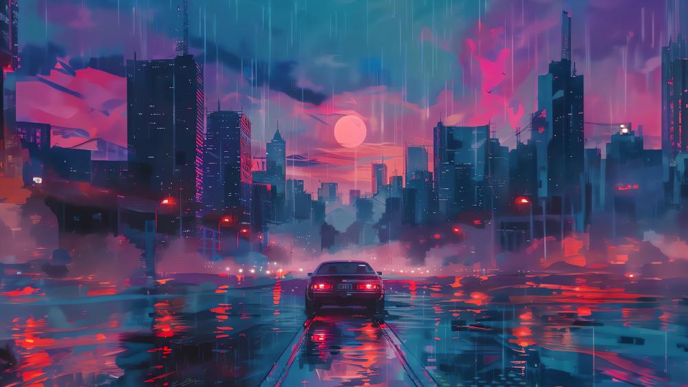 Cyberpunk Dream: City in Rain wallpaper