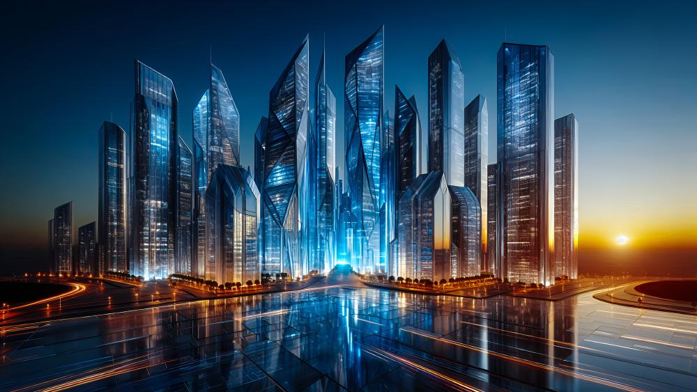 Futuristic Skyline at Dusk with AI-Enhanced Architecture wallpaper