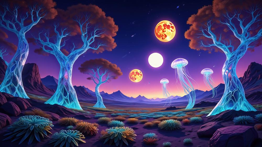 Glowing Jellyfish in a Mystical Forest wallpaper