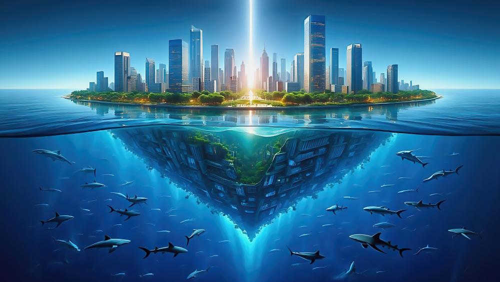 Floating City above a Shark-Infested Sea wallpaper