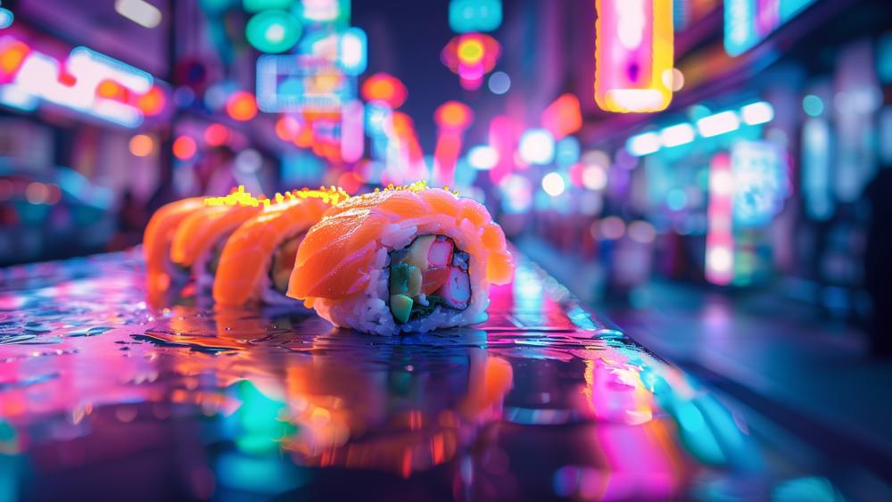 Neon Sushi Nightscape Vivid Delightfully Illuminated City wallpaper