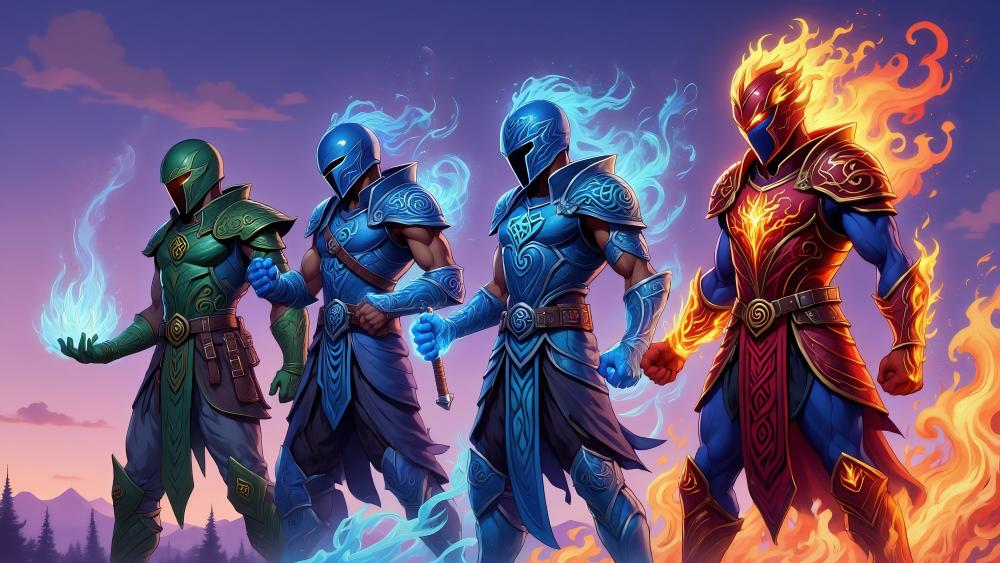 Elemental Guardians Unite in Majestic Armor wallpaper