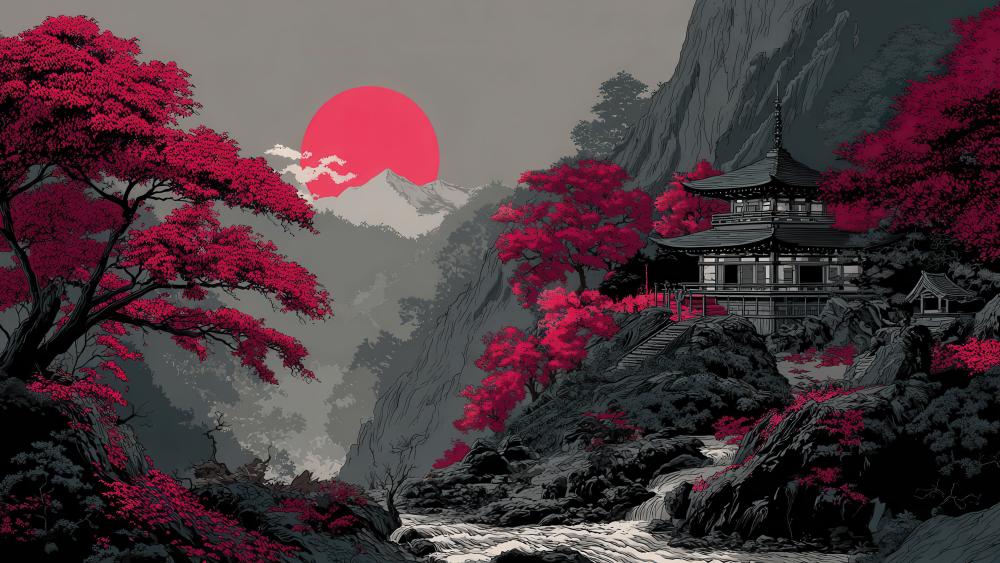 Dusk Serenity in an Oriental Mountain Scene wallpaper