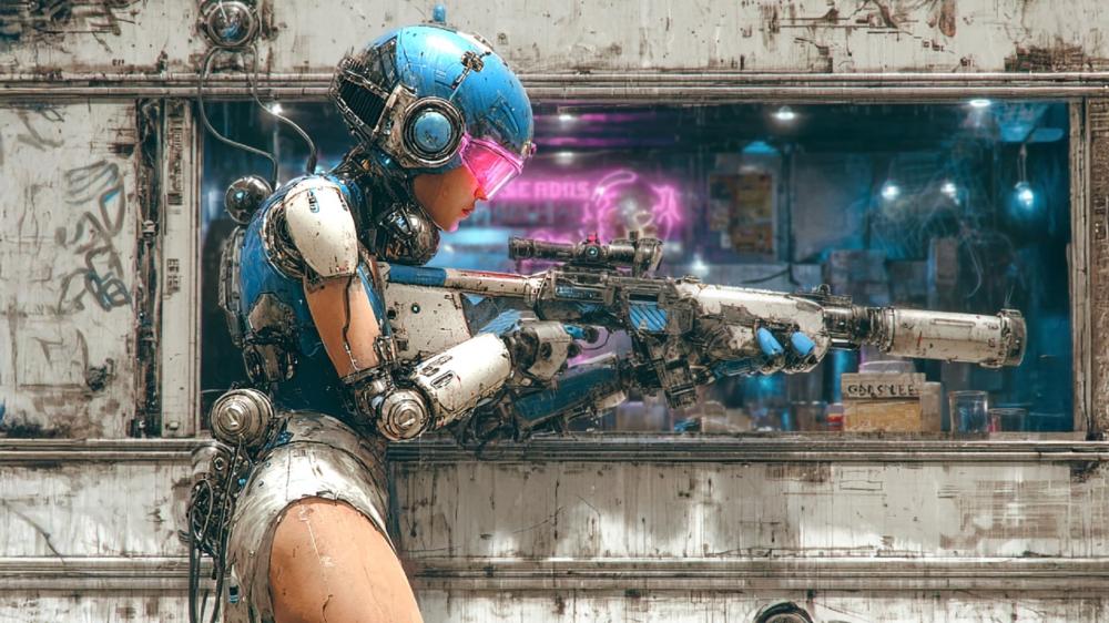 Futuristic Cyborg Warrior Amidst Urban Chaos wallpaper