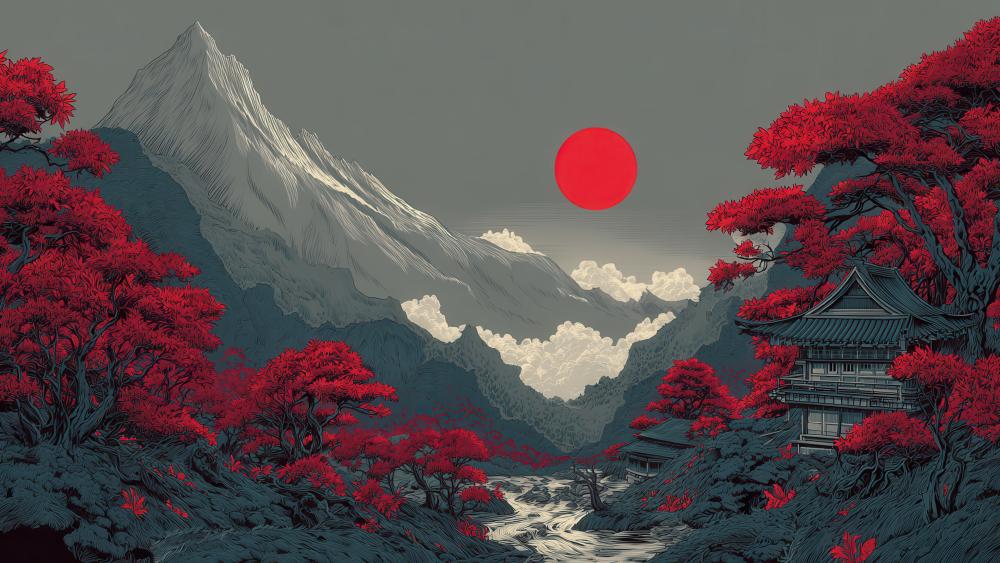 Red Sun over Oriental Landscape wallpaper