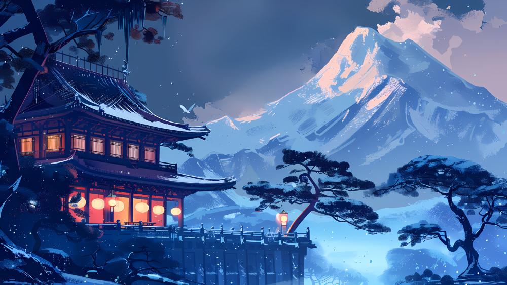 Serene Winter Evening at a Japanese Temple wallpaper
