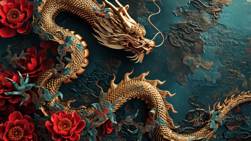 Golden Dragon Amidst Blossoming Dreams wallpaper
