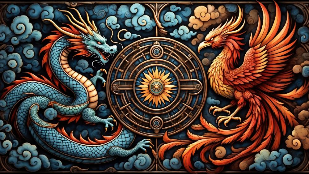Monster Stained Glass: Mythical Beings Clash in Colorful Harmony wallpaper