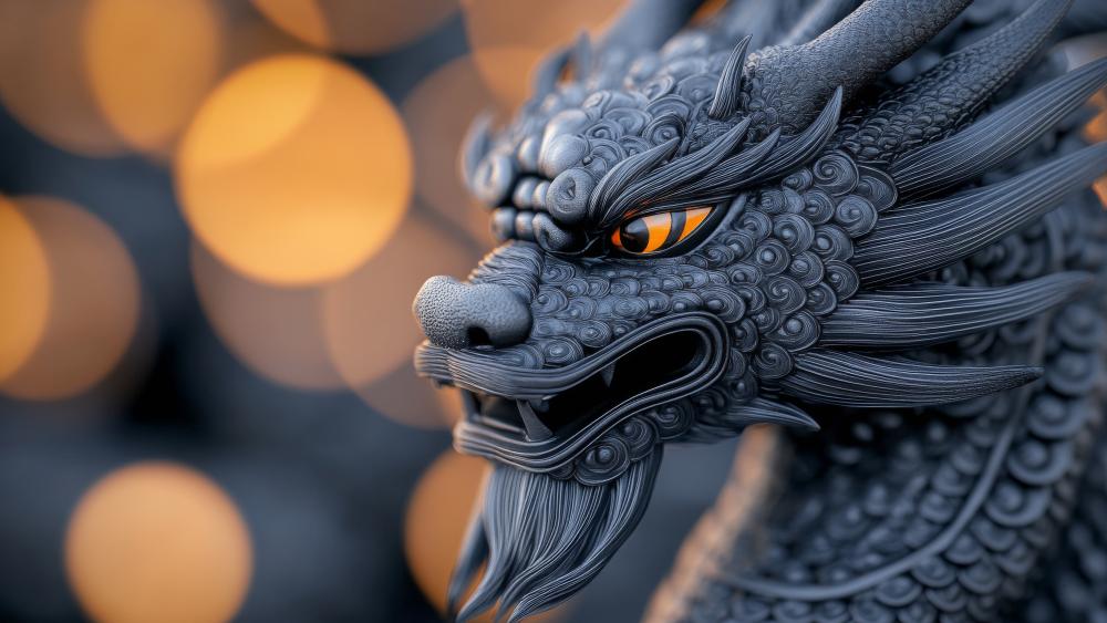 Majestic Dragon Sculpture in Fiery Glow wallpaper