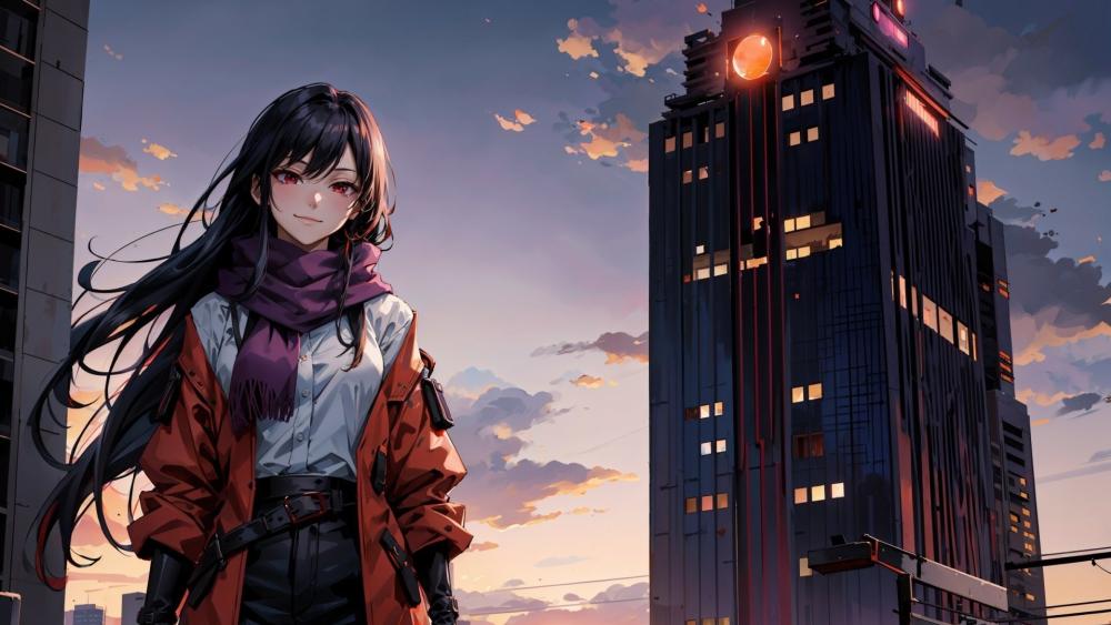 Anime Cityscape Adventure at Dusk wallpaper