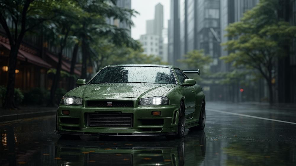 Mystical Drive Through a Rain-Drenched Cityscape wallpaper