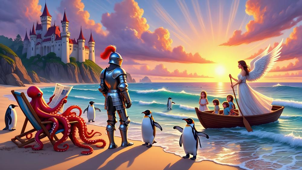 Whimsical Beach Adventure with Penguins and Knights wallpaper