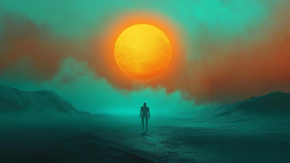 Mystical Sunset Odyssey: A Lone Wanderer's Evening Journey wallpaper