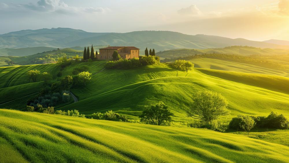 Tuscany's Majestic Rolling Hills in Sunrise Glow wallpaper