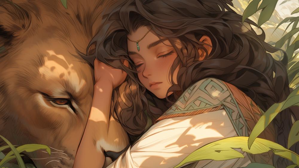 Sleeping Serenity with Lion Companion wallpaper