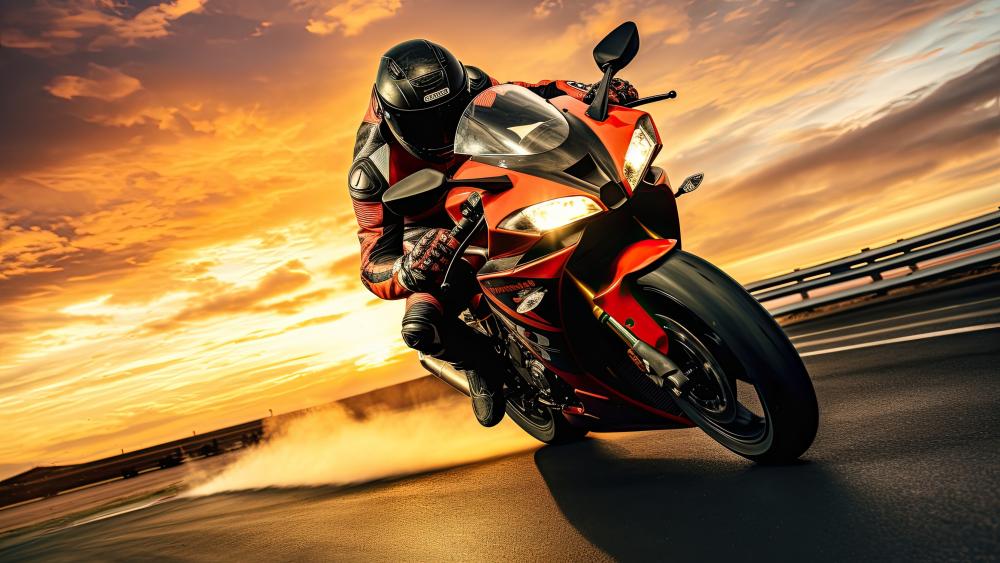 Sleek Motorcycle Racing at Sunset in AI Art wallpaper