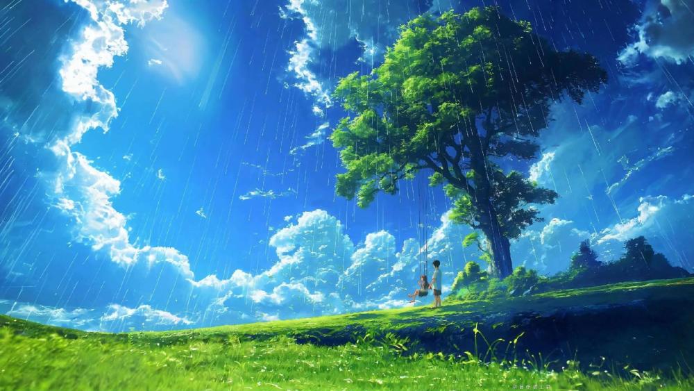 Whimsical Swing Under a Sunlit Sky wallpaper