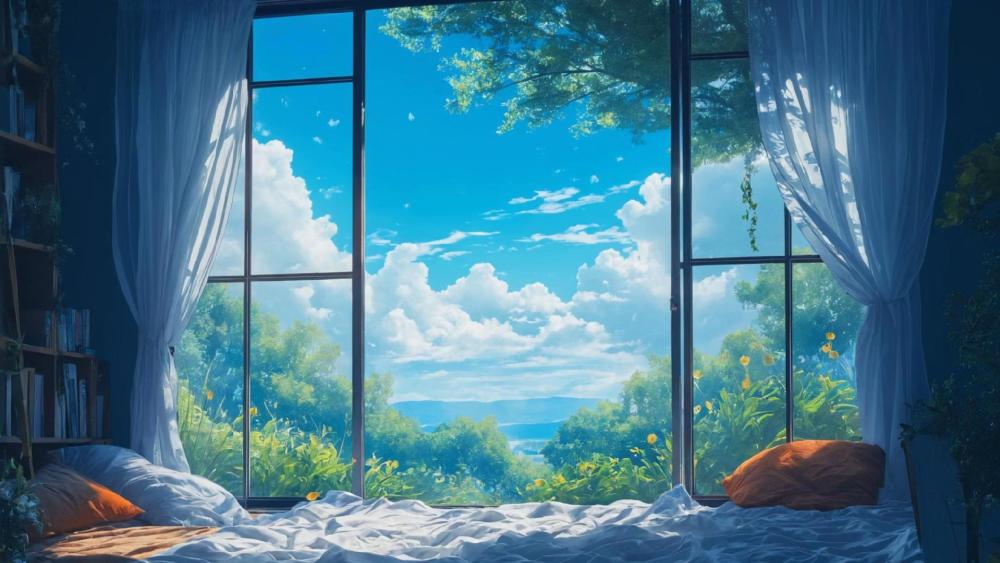 Serene Anime Room with Scenic Window View wallpaper