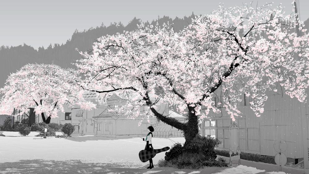 Anime Schoolgirl with Guitar Under Cherry Blossoms wallpaper