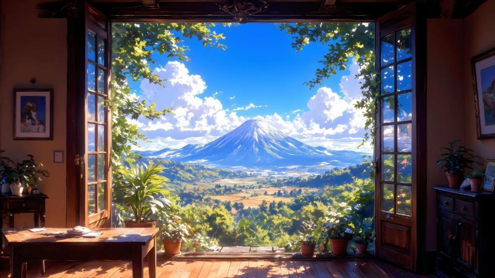 Serene Anime Room with Volcano View wallpaper