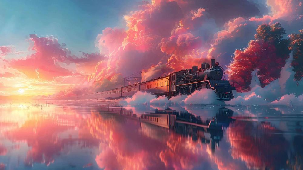 Fantasy Train Journey Under a Colorful Sky wallpaper