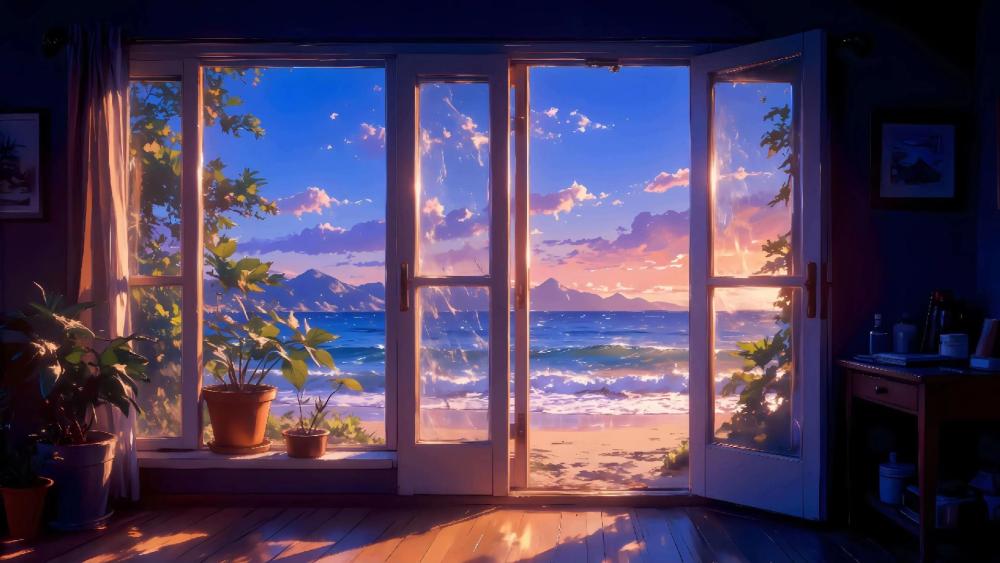 Serene Anime Seascape Beyond the Window wallpaper