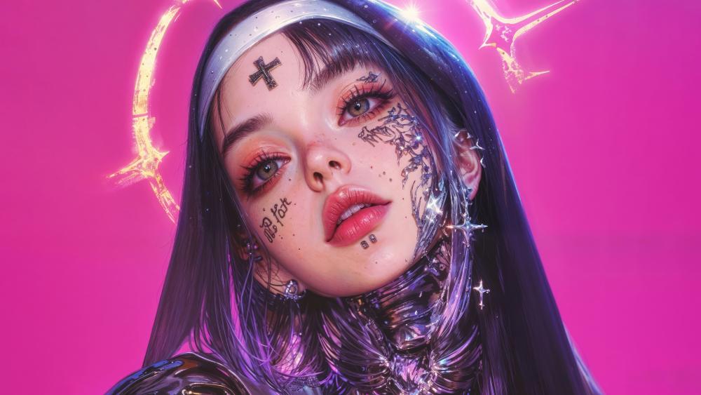 Cybernetic Devotion Neon Harmony wallpaper