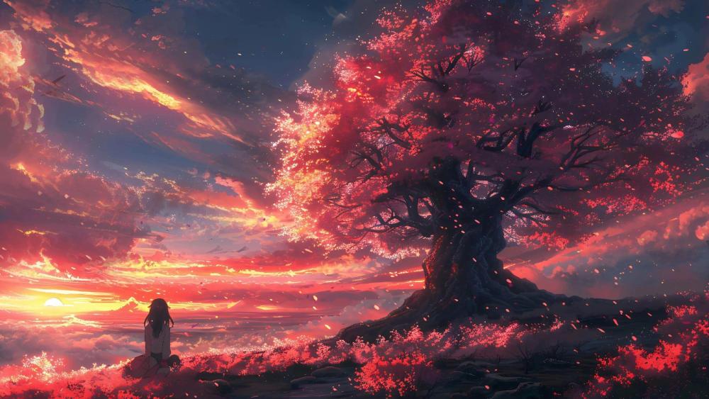 Red Sunset Reverie under Anime Skies wallpaper