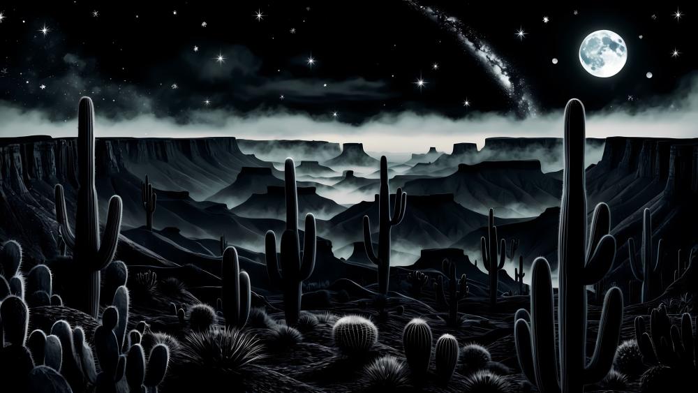 Mystical Desert Nightscape in Monochrome wallpaper