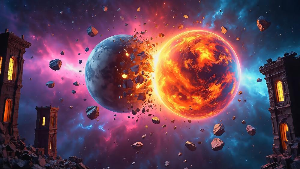 Violent Collision of Cosmic Realms in Stunning 5K Art wallpaper