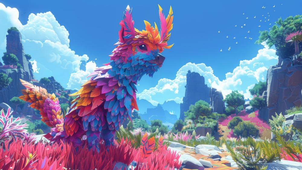 Vibrant Fantasy Creature in a Magical Landscape wallpaper