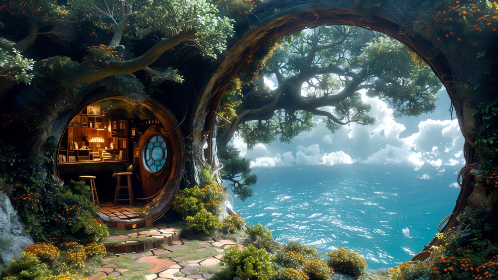 Enchanted Treehouse by the Sea wallpaper