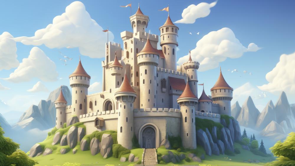 Majestic Fantasy Castle in Enchanting Landscape wallpaper